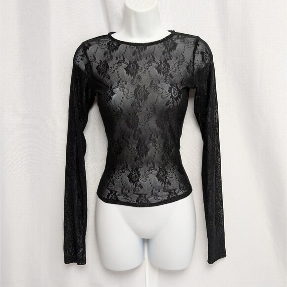 Y2K Outcast Clothing Sheer Mesh Floral Long Sleeve Black Layering Top Size Small - Picture 1 of 4